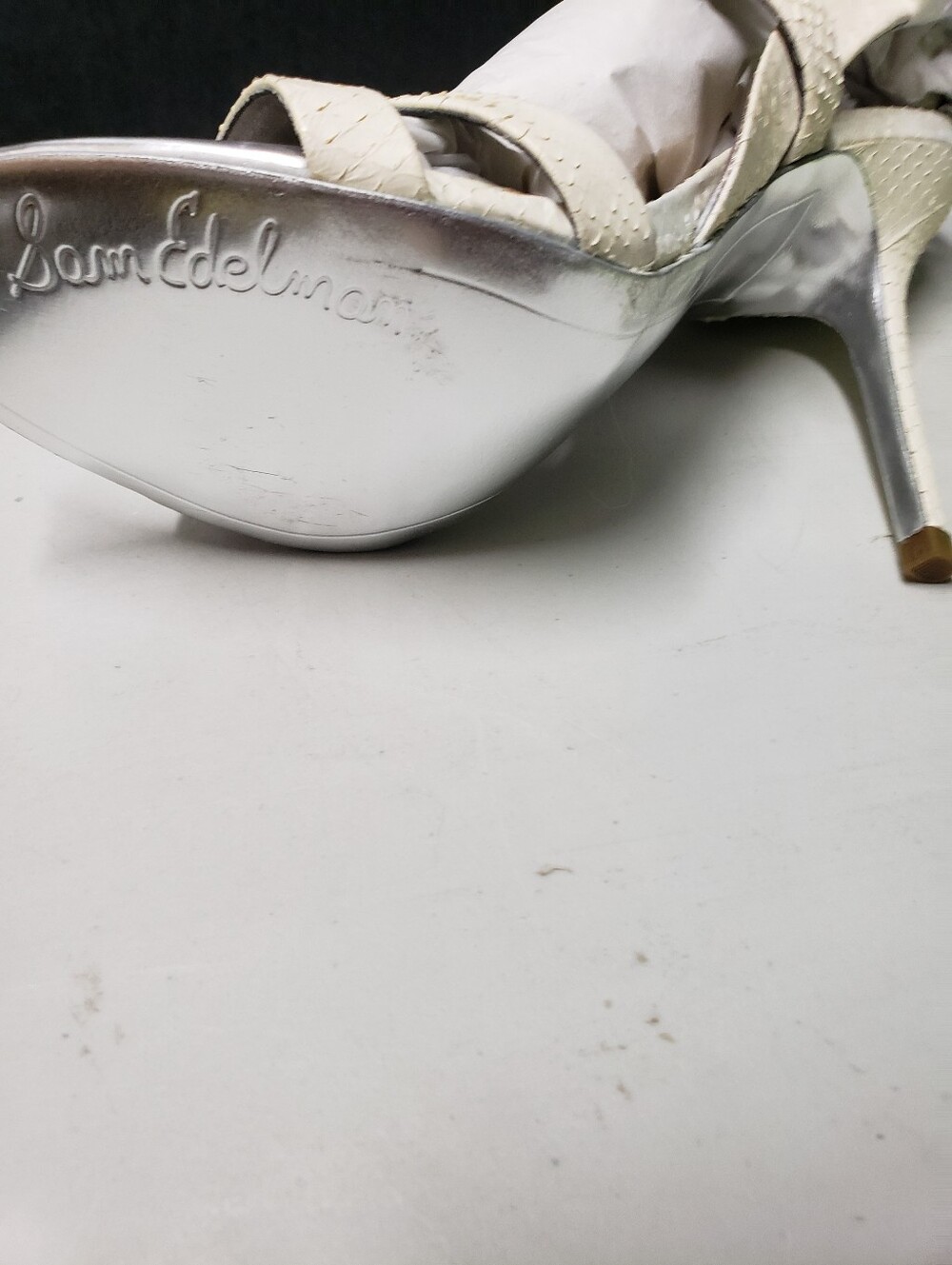 Sam Edelman Ivory Textured Leather Strappy High Heel Sandals "Abbott" - Picture 5 of 6